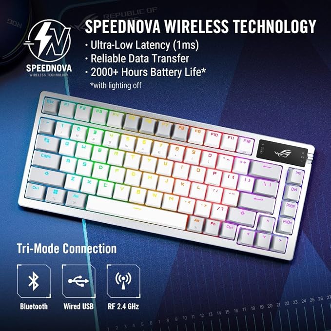 ASUS ROG Azoth Wireless Mechanical Gaming Keyboard – 75% TKL, Tri-Mode Connectivity, Hot Swappable Pre-lubed ROG NX Storm Clicky Switches, PBT Keycaps, RGB, OLED Display, PC/Mac Support - White