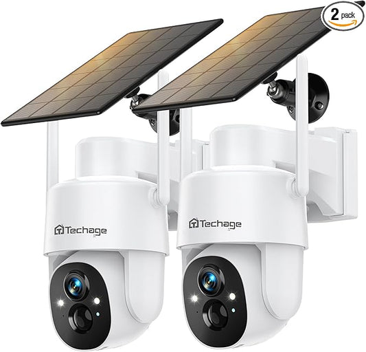 Solar Security Cameras Wireless Outdoor, 2K WiFi Cameras for Home Security, 360° PTZ Surveillance Camera with PIR, Color Night Vision, 2-Way Talk, IP66 Waterproof, SD/Cloud, Work with Alexa (2 Pack)