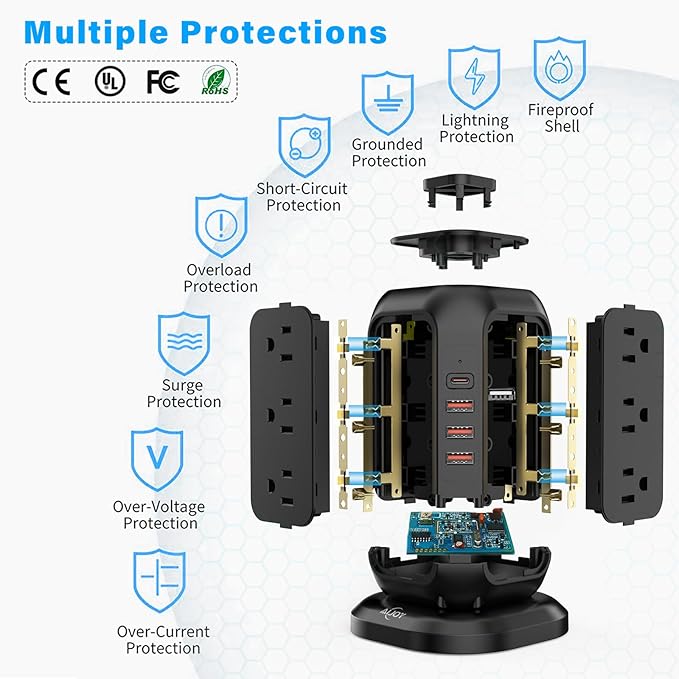 AiJoy Power Strip Tower Surge Protector with 12 AC Outlets, 3 USB-A & 1 USB-C Ports, 10 FT Extension Cord, Charging Station with Overload Protection, for Home Office Dorm Living Room