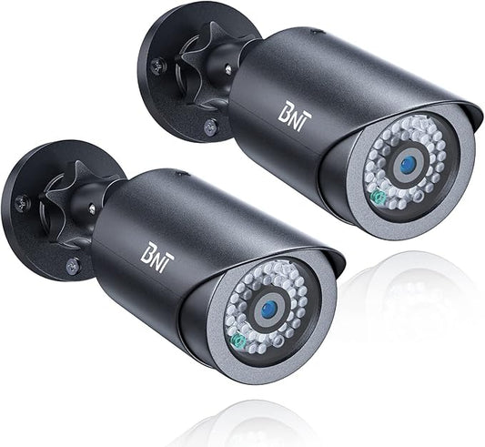 BNT Dummy Fake Security Camera, with One Red LED Light at Night, for Home and Businesses Security Indoor/Outdoor (2 Pack, Black)