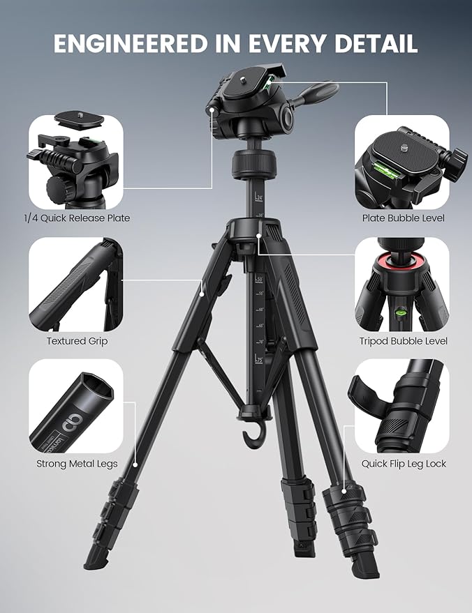 Lamicall Camera Tripod - 17.6LBS Max Load Tripod for Camera with Rapid Leg Deployment Phone Tripods for Video Recording Photo Vlog, 67" Camera Stand with Phone Holder & Carry Bag for DSLR iPhone GoPro