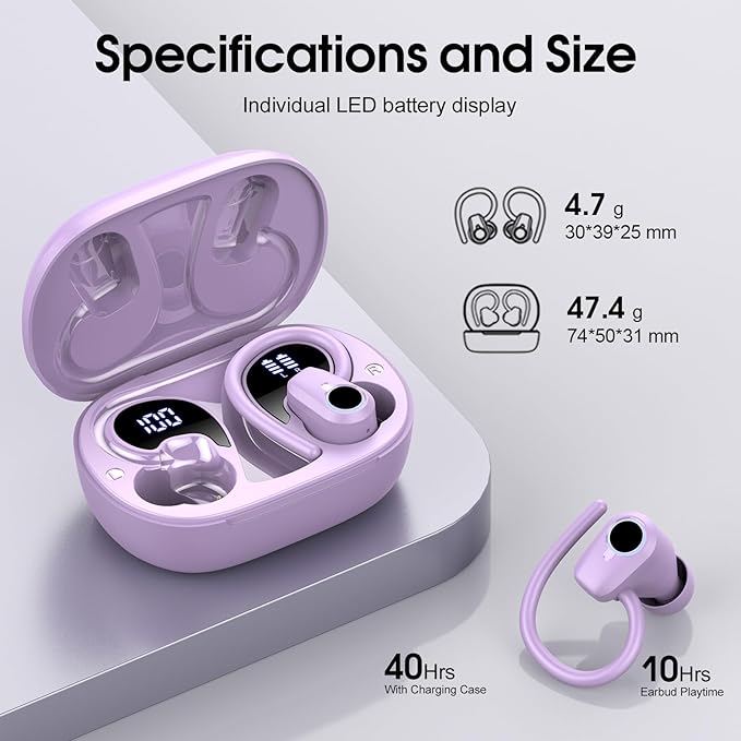 Wireless Earbuds, 2023 Bluetooth Headphones 5.3 Sport, 50H Ear buds with Earhooks, Dual LED Display Bluetooth Earbuds, Deep Bass Stereo Noise Cancelling Headphones, IP7 Waterproof Earphones, Purple