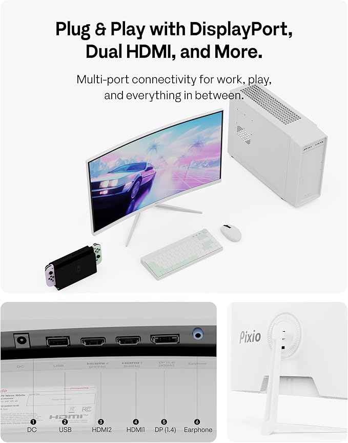 Pixio PXC279 Wave White 27 inch 300Hz Refresh Rate FHD 1080p Resolution 1650R Curved Fast VA Panel 1ms GTG Response Time Adaptive Sync HDR Curved Gaming Monitor