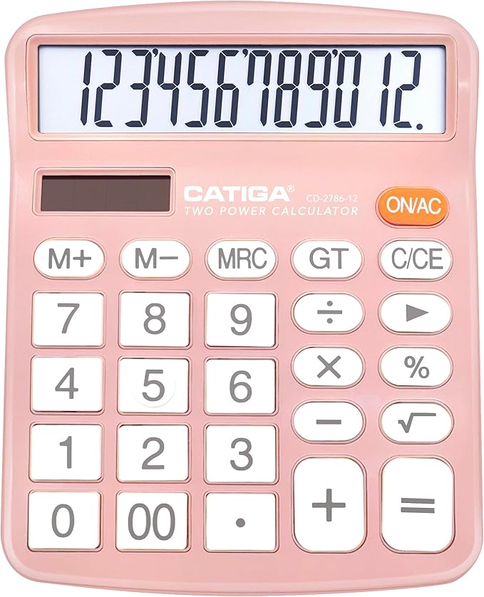 CATIGA 12 Digits Desktop Calculator with Large LCD Display and Sensitive Button, Dual Solar Power and Battery, Standard Function for Office, Home, School, CD-2786(Light Pink)