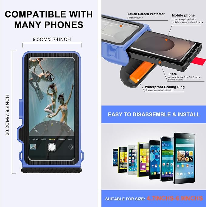 2025 Upgrade Waterproof Phone Case, Diving Snorkeling Swimming Scuba Underwater Touch Screen Photo Video Housing Cover for 17/16/15/14/13/12/11 Pro Max/XS/X Samsung Galaxy S25/S24/S23/S22 (Blue Black)