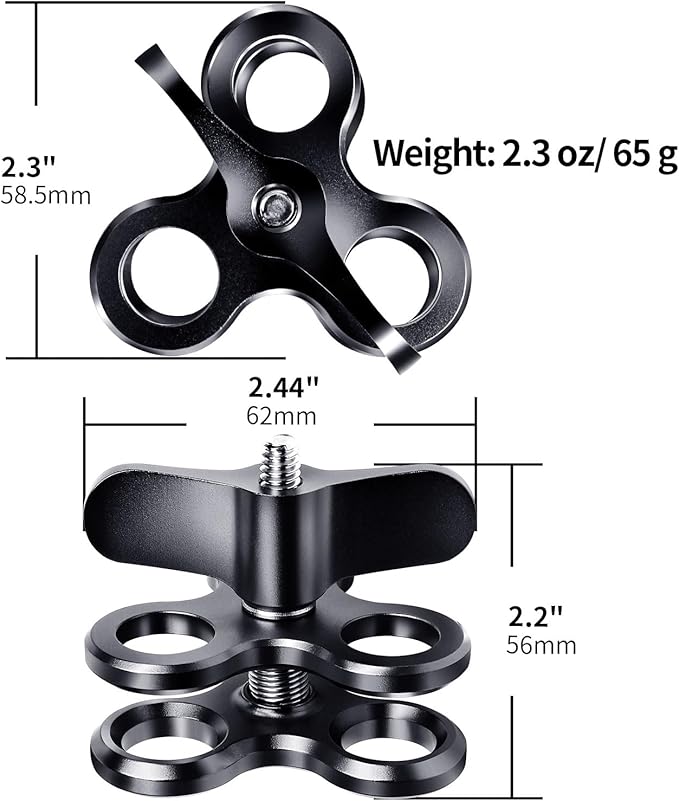 3-Hole 1" Aluminum Underwater Camera Clamp Ball Mount (2-Pack) - Underwater Bracket for Diving Light Arms & Camera Trays, Saltwater-Resistant Adapter for Scuba Photography/Videography Gear