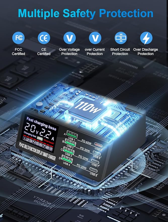 110W USB Charging Station, 8-Port Multi USB Charging Station, Fast Charger Compatible with iPhone, Samsung, Galaxy, ipad, Drone, Android, Speakers, Suitable for Home,Office,Travel Etc