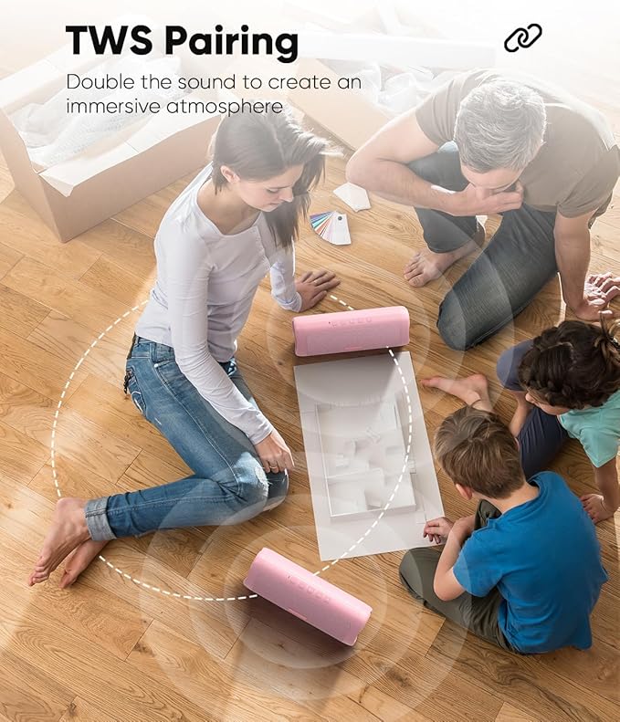 Bluetooth Speaker with HD Sound, Portable Wireless, IPX5 Waterproof, Up to 20H Playtime, TWS Pairing, BT5.3, for Home/Party/Outdoor/Beach, Stocking Stuffers, White Elephant Gifts for Adults (Pink)