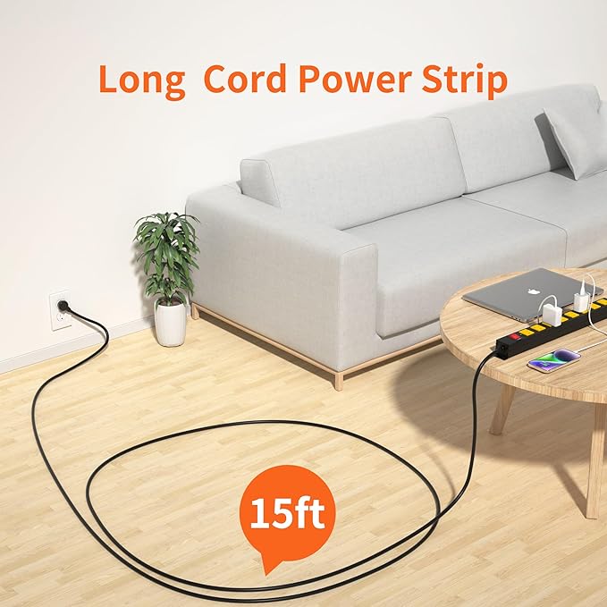8 Outlet Power Strip 2100J Surge Protector, 15FT Heavy Duty Extension Cord Wide Spaced Outlet and Wall Mount Metal Powerstrip for Home Office Garage Workshop