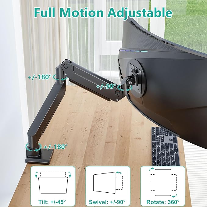 WALI Ultrawide Monitor Arm for 13 to 49 Inch Heavy Duty Curved Screens, Holds 33 Lbs, Adjustable Gas Spring Single Monitor Desk Mount with C-Clamp, Grommet Base, 75x75/100x100 VESA, (GSM001XL), Black