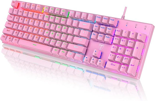 RisoPhy Mechanical Gaming Keyboard, RGB 104-Key Ultra-Slim Backlit USB Wired Keyboard with Blue Switch, Durable ABS Keycap/Anti-Ghosting/Spill-Resistant for PC, Mac, Xbox Gaming, Pink