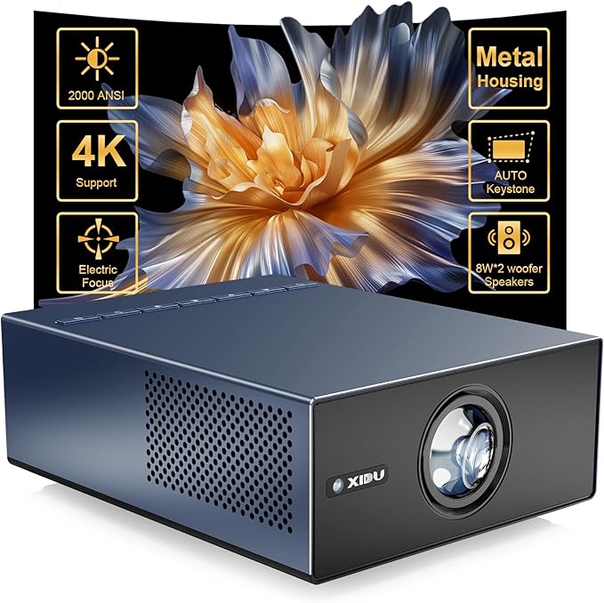 XIDU Portable Projector with WIFI and Bluetooth [Metal/2000ANSI/Native 1080P/Wireless Casting/Electric Focus/Auto Keystone]4K Outdoor Movie proyector for Home,Fire TV stick,iOS,Android,Laptop (Naval)