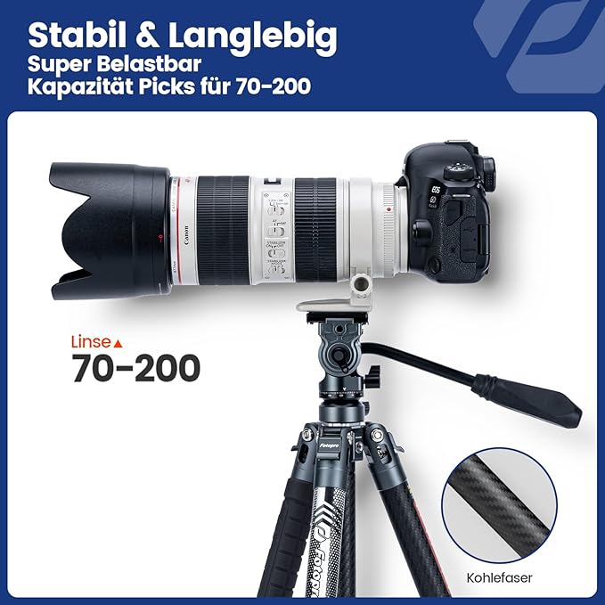 Fotopro Carbon Fiber Travel Tripod 2.2lbs Ultralight 64 Inch Portable Compact Travel Video Tripod for Camera DSLR Load up to 22lb X-Aircross 3 Lite Video Grey