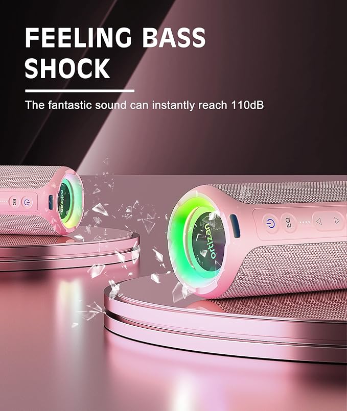 Ortizan Bluetooth Speakers, Portable Wireless Stereo Speaker - IPX7 Waterproof, 30W RMS(40W Peak) Loud Sound, Deep Bass, LED Light, Bluetooth 5.3, for Home/Shower/Outdoor/Beach, Gifts for Adult, Pink