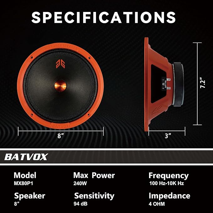 MX80P1 Midrange Loudspeaker 8" Orange Dust Cap, 480W Max, 4 Ohms, Premium Quality Audio Door Speakers for Car or Truck Stereo Sound System, Orange (2 Speaker)