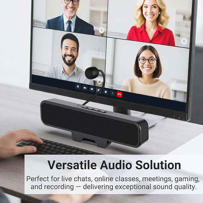 Computer Speakers with Microphone for Desktop PC, USB Monitor Speakers with Clip, Wired Laptop Sound Bar, Stereo & Bass, PC Speaker w/Mic for Meeting/Gaming/Online Learning, Easily Clamps to Monitor