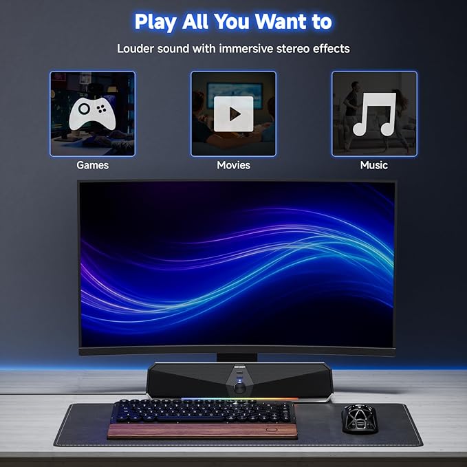 SENZER CS30 Bluetooth Computer Speakers for Desktop, USB Plug & Play PC Speakers with Dynamic LED Light, Stereo Sound Soundbar for Desktop Laptop Monitor (USB-C Adapter Included)