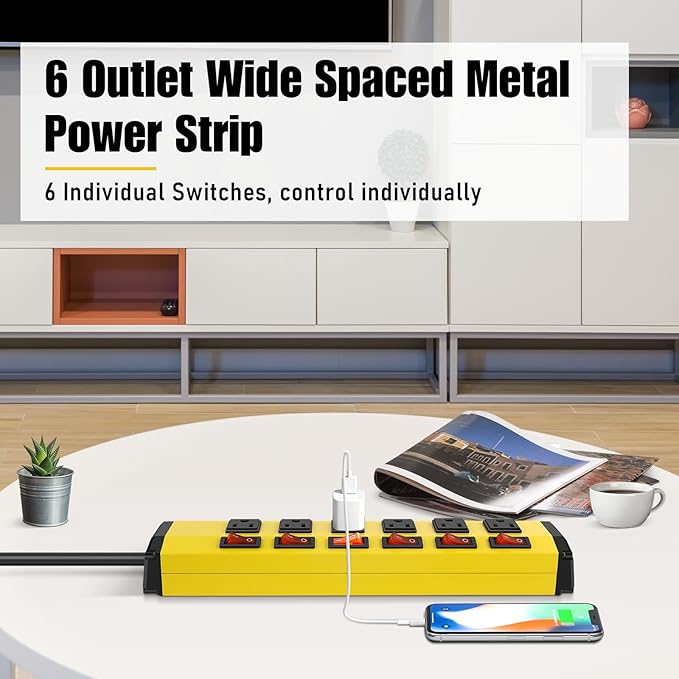 ANNQUAN 6 Outlet Metal Power Strip with 6 Individual Switches,Heavy Duty Power Strip 1200J 15A 50FT Cord Home Office Industrial Commercial Shop