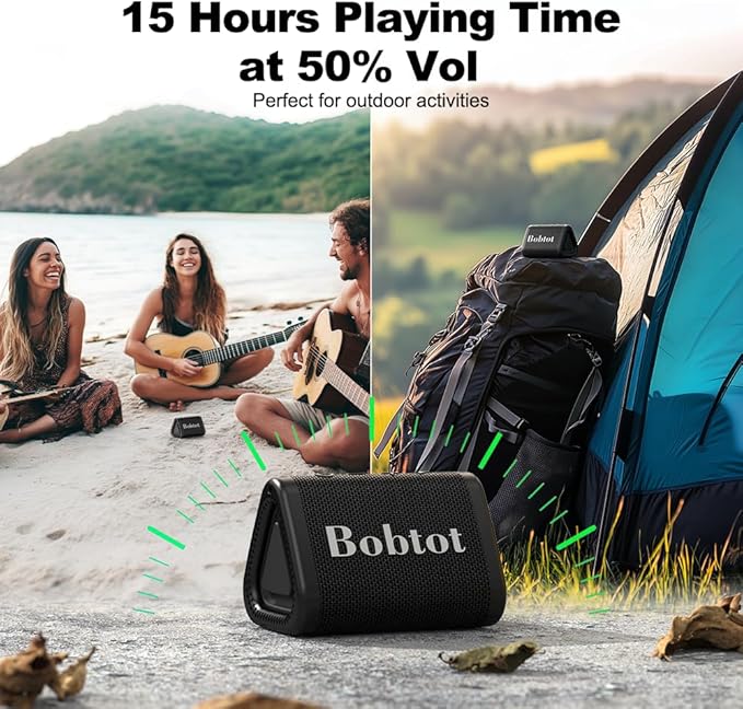 Bobtot Portable Bluetooth Speaker Wireless, IPX7 Small Shower Speaker Waterproof, 15H Playing Time, Loud and Stereo Sound with Bass, TWS Pairing for Party, Camping, Travel, Black