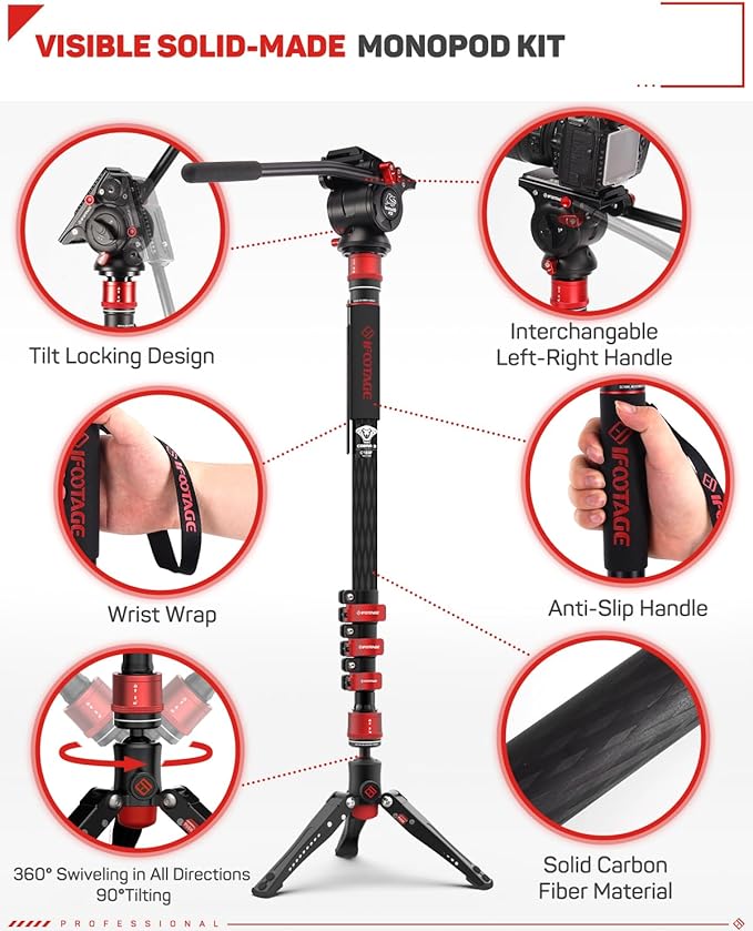 IFOOTAGE 71" Carbon Fiber Monopod Kit with Fluid Head, Portable Travel Camera Monopod with Feet, Max Load 17.64 lbs, Compatible with Sony, Canon, Nikon DSLR Cameras, Cobra 3 C180F & Komodo K5