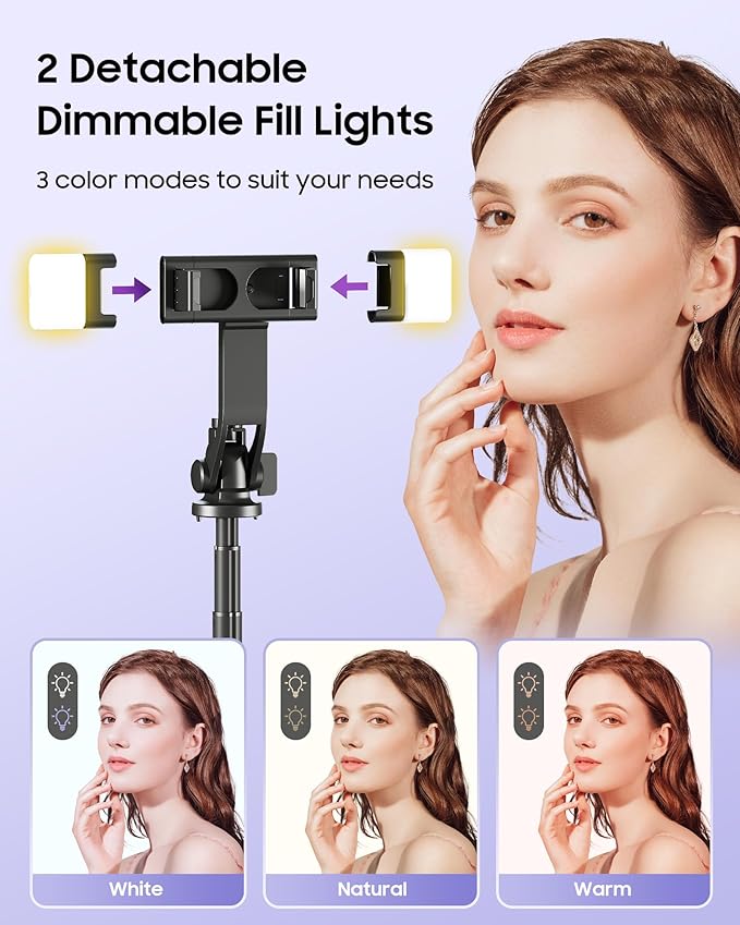 53'' Selfie Stick Tripod with Light, Enhanced 4-Leg Cell Phone Stand Camera Tripod with Rechargeable Wireless Remote & 2 Fill Light, Portable Selfie Stick Travel Essentials for iPhone Android