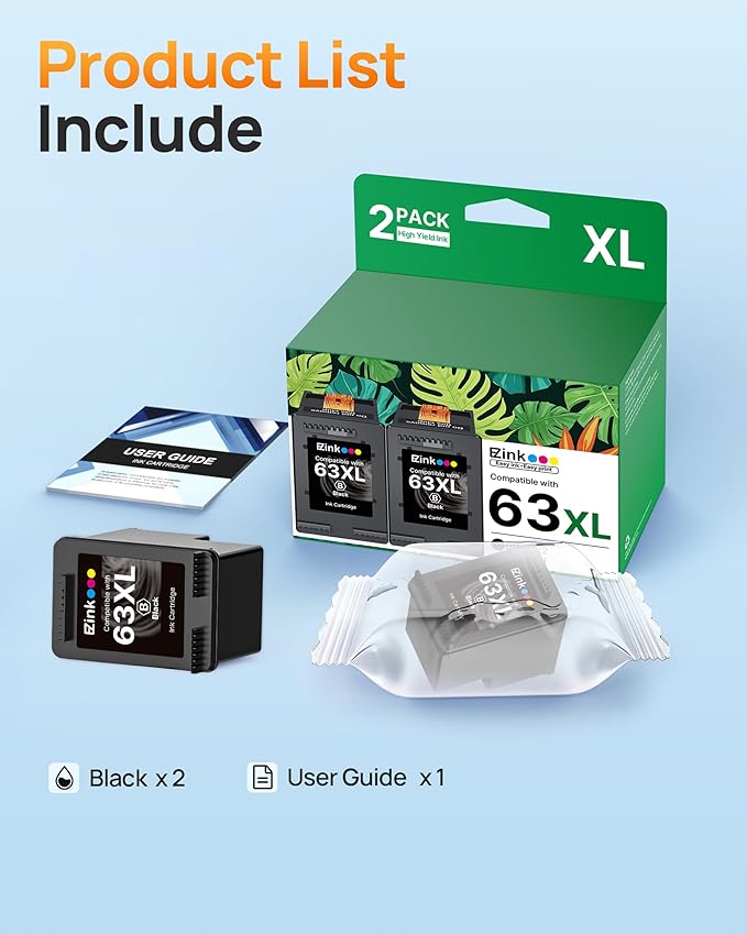 E-Z Ink 63XL Black Ink Cartridge Remanufactured 63XL 63 Ink Replacement for HP Ink 63 HP63 HP63XL to Use with HP OfficeJet 3830 4650 4655 5255 5258 5200 Envy 4520 4512 DeskJJet 1112 2130 (2 Black)