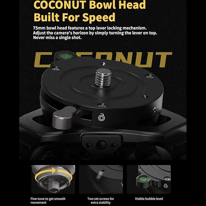 YC Onion PINETA Peak Carbon Fiber Tripod with Coconut 75mm Bowl Head, 35kg/77lbs Payload with Bowl Head, Adjustable Legs, One Step Release Travel Camera Tripod for Mirrorless, DSLR