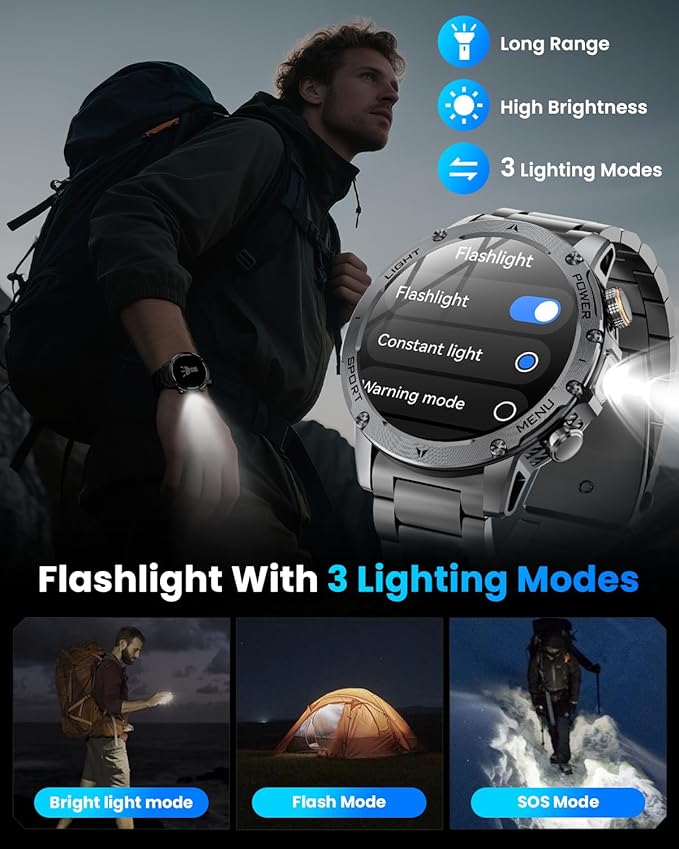 Military Smart Watches for Men, 1.7″ Smartwatch with 1000 mAh Battery/2 Straps/Led Flashlight/Heart Rate/Sleep Monitor 100+ Sport Modes, Answer/Make Calls Fitness Watch for Android/iPhone