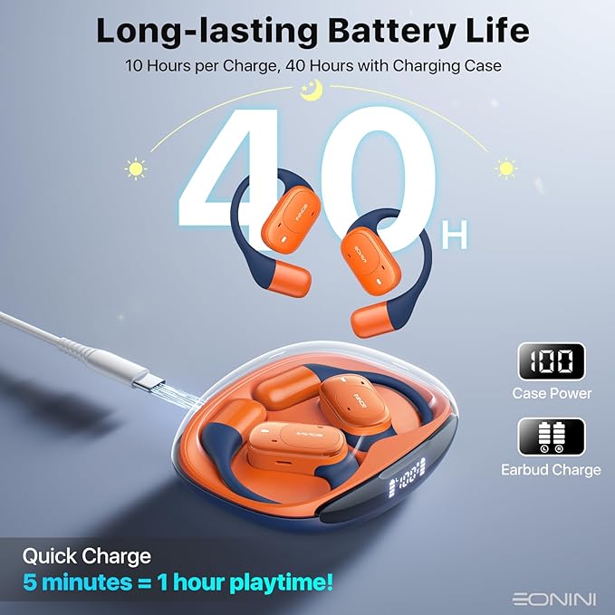 2025 Open Ear Earbuds Wireless Bluetooth Headphones, Earhook Sports Earphones with Mic, 40Hrs Playtime, Smart Digital Display, IPX5 Waterproof for Running, Gym, Cycling(Orange)