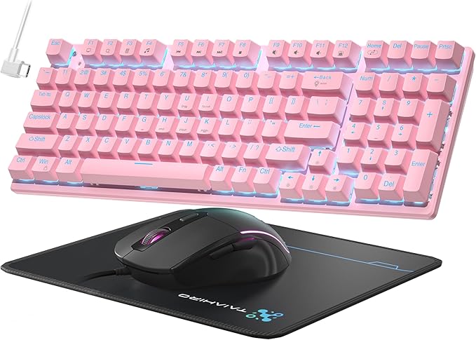 Mechanical Gaming Keyboard and Mouse, LED Backlit 98-Key Floating Keycap & 4 DPI RGB Gaming Mouse with Mouse Pad, Full Anti-Ghost Light Up Wired Computer Keyboards for MAC PC Gamer Accessories, Pink