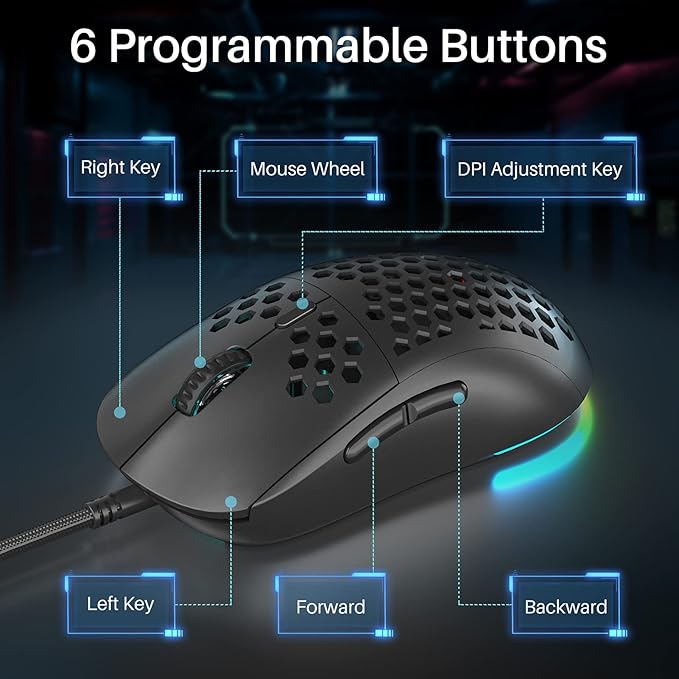 DIERYA M1SE Wired Gaming Mouse with Honeycomb Shell, 12800DPI Optical Sensor, 6 Programmable Macros, Software Support for Custom Key Config, and RGB Settings for Windows 7/8/10/XP, Vista, Linux-Black