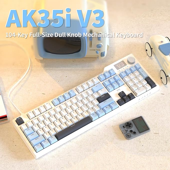 AJAZZ AK35I V3 104-Key Full Size Wired Gasket Mount Gaming Keyboard with Multimedia Buttons & Knob Control | Five Layer Pad | OEM Profile PBT Keycaps | Blue Backlit Custom Keyboard