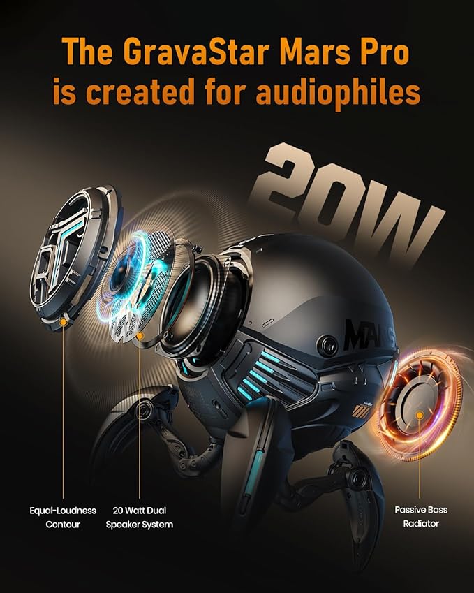 GravaStar Loudspeakers Mars Pro Portable Bluetooth Speaker New Version, Deep Bass Loud Stereo Sound, 15H Playtime, 6 RGB Lights, Dual Pairing, Portable for Home, Outdoors, Party, Camping, Home, Gifts