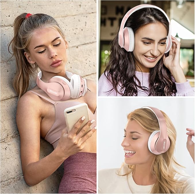 Wireless Bluetooth Headphones Over Ear 65H Playtime HiFi Stereo Headset with Microphone and 6EQ Modes Foldable Bluetooth V5.3 Headphones for Travel Smartphone Computer Laptop Rose Gold