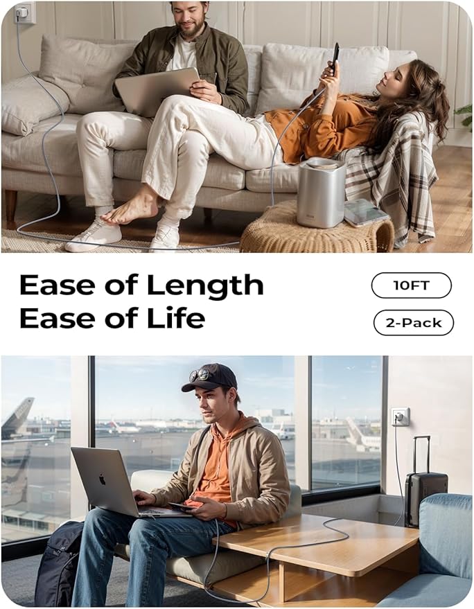 AINOPE USB C to USB C Cable 10FT 2Pack 60W Type C Cable Righe Angle for iPhone 16 Pro Max Charger Fast Charging Long Charger Cord Cable 10FT Compatible with iPhone 16 MacBook iPad Pro Airpods Pixel