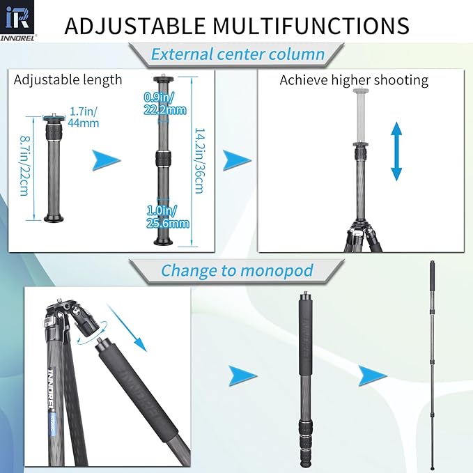 Carbon Fiber Tripod Monopod INNOREL KT254C Professional Portable Compact Travel Tripod for DSLR Camera Stand Support 1.01in/25.6mm Tube Load 33lb/15kg with D36 Low Gravity Center Panoramic Ballhead
