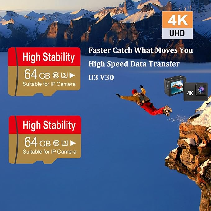 Memory Card, Micro TF Card U3 V30 4K UHD High Stability for Camera/Dash cam/Drone with Adapter (2 Packs) (64, GB)