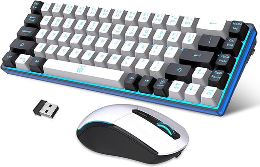Snpurdiri 60% Wireless Gaming Keyboard and Mouse Combo,Ice Blue Backlit Rechargeable 2000mAh Battery,Mini Mechanical Feel Anti-ghosting Keyboard + Popular RGB Mice for Gaming, Office(White-Black)