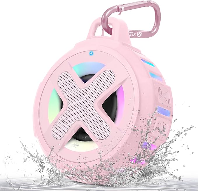 XLeader X8, Upgraded, Portable Bluetooth Speaker, Certified IP67 Waterproof Shower Speaker, Silicone Case, 10W Bass, 24H Playtime, Small, Floating, Lights, Clip, for Pool Beach Kayak Travel Gifts Pink
