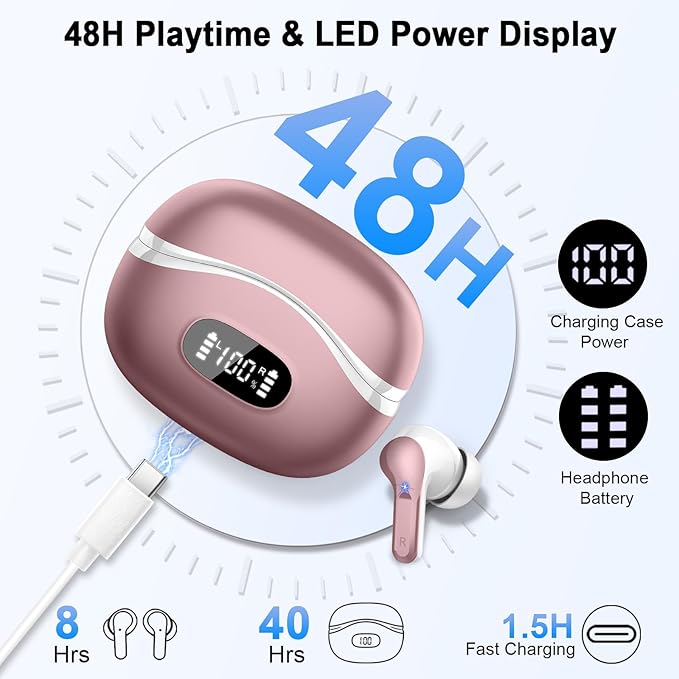 Wireless Earbuds, Bluetooth Headphones 5.4 HiFi Stereo, Ear Buds with 4 ENC Noise Cancelling Mics, 48H Bluetooth Earbuds with Dual LED Display, IP7 Waterproof Earphones for Android iOS, Rose Gold