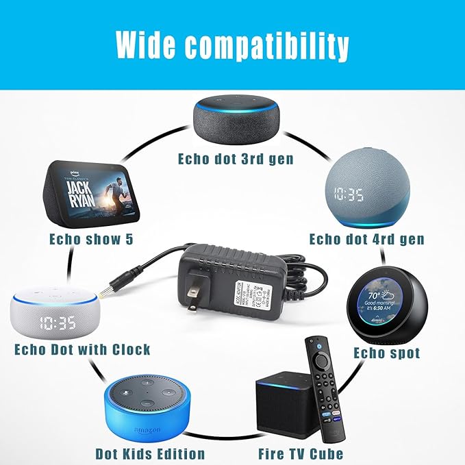 15W Power Cord Replacement for Alexa Dot 3rd Gen/4th Gen/5th Gen/Kids Edition/TV Cube/Show 5/ Echo Pop/C78mp8/GP92NB Charger, Adapter Charger Power Cord, 6.5Ft Black