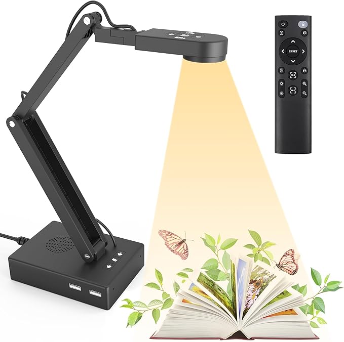 Document Camera for Classroom, USB Camera for Teacher, 12MP & 9X Zoom-in, Move lmage, Mic and Speaker, Mirroring, LED Light, 2 Port HUB, for Remote Learning, Painting, Live Demo (with Remote)