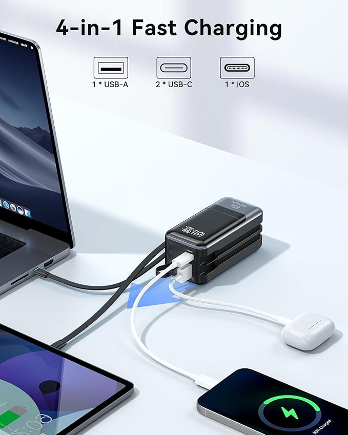 Portable Charger, 65W Power Bank Fast Charging, USB C Battery Pack with Built in Cable, 4 Outputs Powerbank, Travel Essentials Compatible with iPhone 17 16 15 14 13 iPad MacBook Pro Samsung Dell XPS