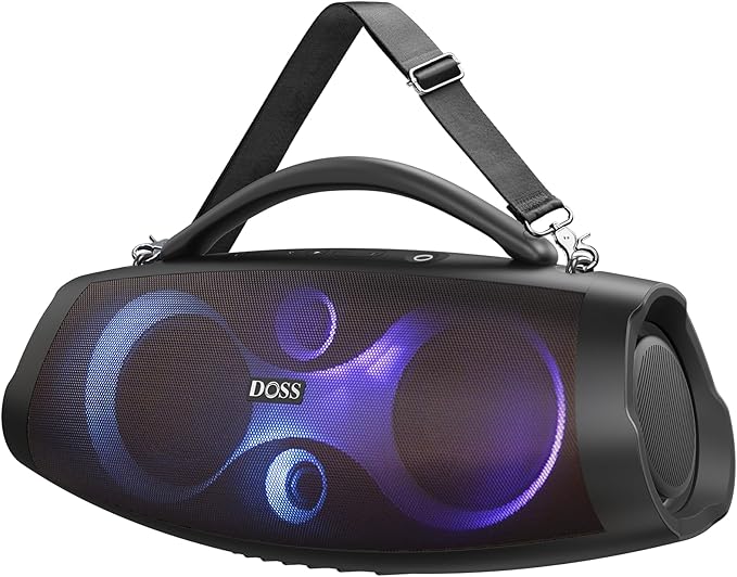 DOSS Extreme Boom Pro D200 240W Peak Outdoor Speaker, Punchy Bass, 26H Playtime, Beat-Synced Light, BT5.4, Stereo Pairing, IPX6 Waterproof for Camping, Beach, Tailgate Party-Black