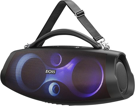 DOSS Extreme Boom Pro D200 240W Peak Outdoor Speaker, Punchy Bass, 26H Playtime, Beat-Synced Light, BT5.4, Stereo Pairing, IPX6 Waterproof for Camping, Beach, Tailgate Party-Black