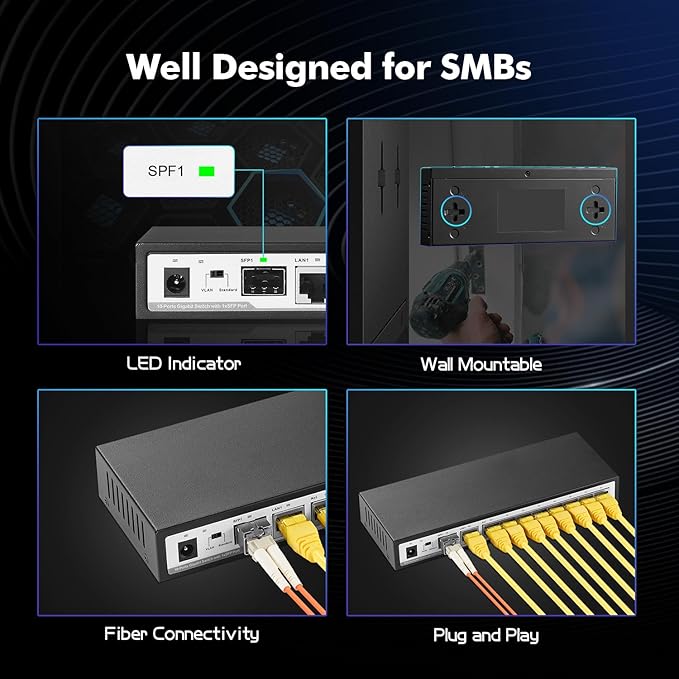 10 Port Gigabit Switch, 8 x 100/1000Mbps Ports, 1 Gigabit Uplink, 1 Gigabit SFP, Support Vlan, Metal Fanless Unmanaged Plug and Play YuLinca Ethernet Switch