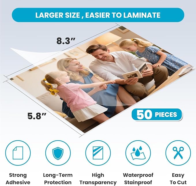 T&W SAME FILM 50 Pack Self Adhesive Laminating Sheets, 4mil, 5.8 x 8.3 Inch Laminating Sheets, Self Sealing Laminating Sheets for Laminator, Round Corner, No Heat, No Machine Needed (A5)