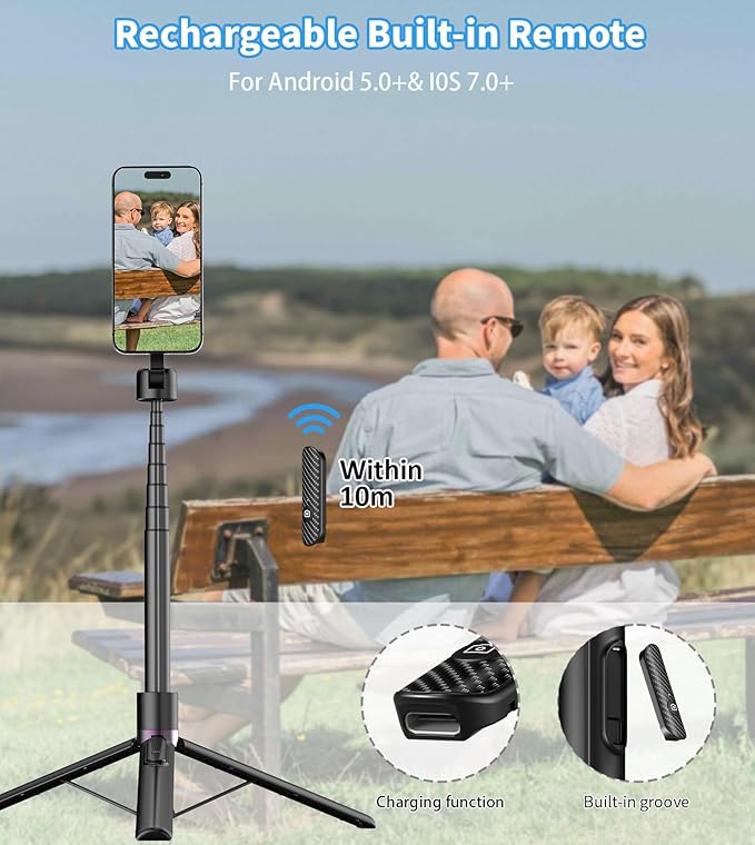 68" Magnetic Selfie Stick Tripod for iPhone,Portable Cell Phone Tripod Stand for Magsafe with Rechargeable Remote, 360° Rotation Aluminum Phone Holder for Video Recording/Live Stream/Travel Black