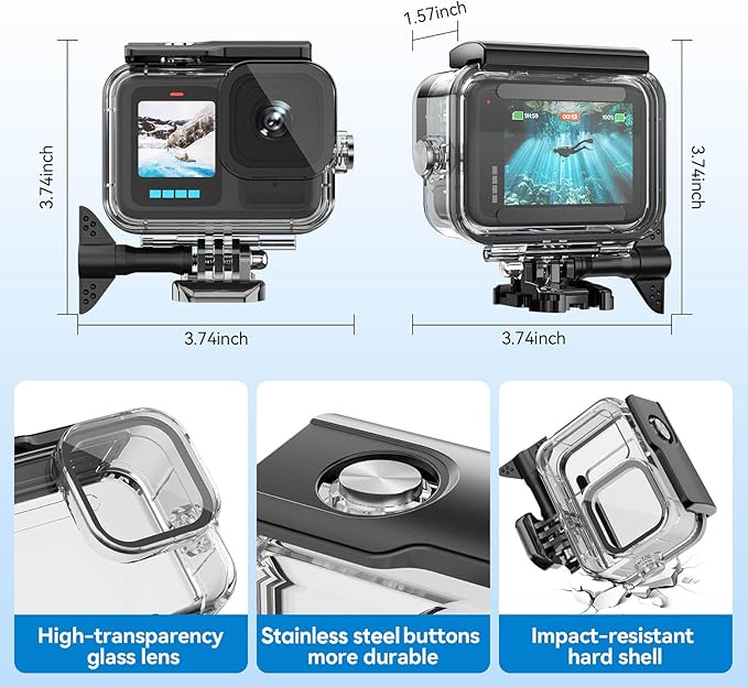 BO&DQQ Protective Waterproof Case Compatible for Go Pro Hero 13 12 11 10 9 Black, 60M/196FT Underwater Diving Housing Shell Accessories Kit