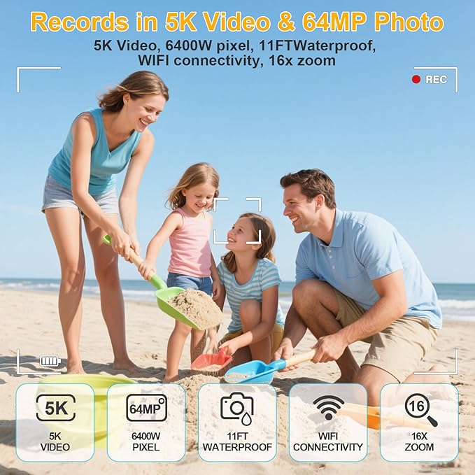 5k Underwater Camera,64mp Waterproof Camera Dual-Screen Selfie Underwater Cameras for Snorkeling 16x Digital Zoom WiFi Waterproof Digital Camera 1200mah Battery (Blue)